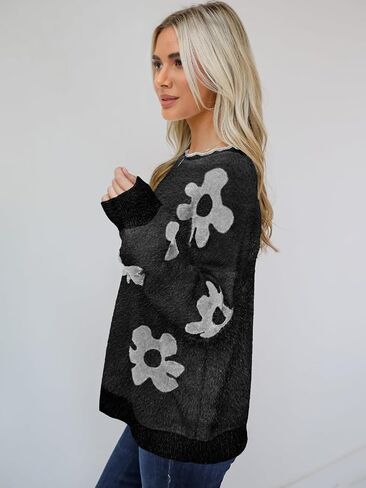Women's Knit Pullover Jumper Top Round Neck Long Sleeve Fuzzy Sweaters Casual Loose Fall Winter in Kuwait