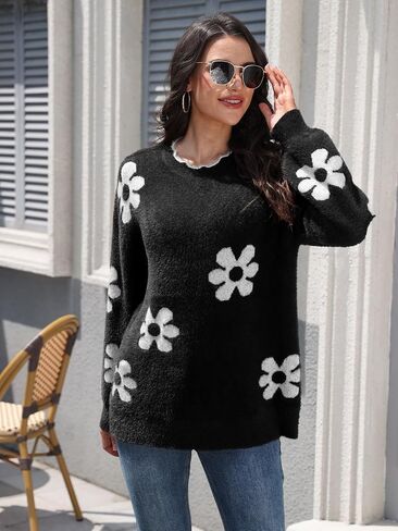 Women's Knit Pullover Jumper Top Round Neck Long Sleeve Fuzzy Sweaters Casual Loose Fall Winter in Kuwait