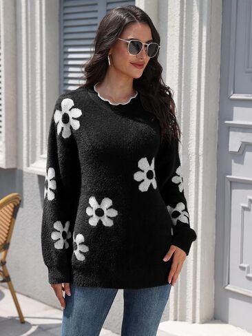 Women's Knit Pullover Jumper Top Round Neck Long Sleeve Fuzzy Sweaters Casual Loose Fall Winter in Kuwait
