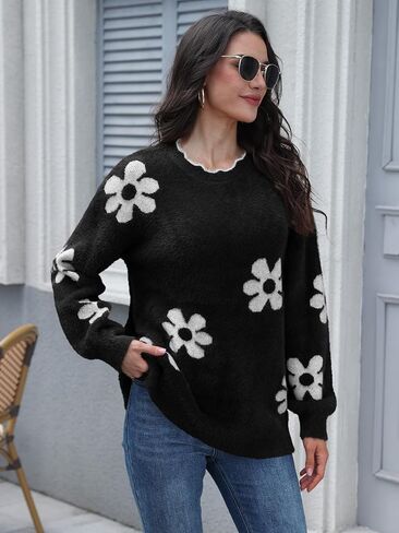 Women's Knit Pullover Jumper Top Round Neck Long Sleeve Fuzzy Sweaters Casual Loose Fall Winter in Kuwait