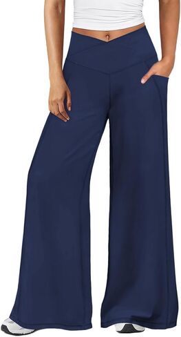 Womens Flare Leggings Workout Wide Leg Yoga Pants for Women V Cross Stretchy High Waisted Flare Pants with Pocket in Kuwait