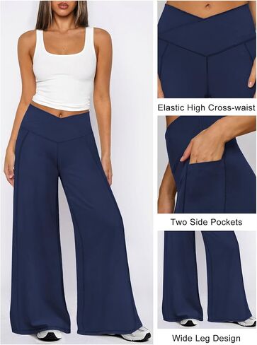 Womens Flare Leggings Workout Wide Leg Yoga Pants for Women V Cross Stretchy High Waisted Flare Pants with Pocket in Kuwait