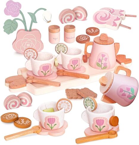 Wooden Tea Set for Little Girls, Pretend Play Tea Party Set Toy with 27 PCS Play Kitchen Accessories, Princess Tea Set Toy, Birthday Gift for Kids 2 3 4 5 Years Old, Improve Imagination in Kuwait
