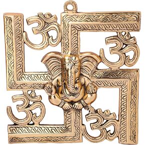 غانيشا/جانباتي على رمز Om Swastik مصنوع من المعدن المزخرف على الحائط الديني لديكور المنزل والمكتب، فنغ شوي، فاستو، تمثال فني للنحت - 5 بوصات in Kuwait