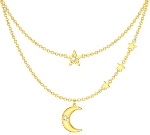 14K Gold Moon Star Necklace for Women, Yellow Gold Layered Stacking Necklace Dainty Moon Jewelry Birthday Gift for Wife Friend Her Mom 16+1+1 in Saudi Arabia