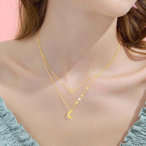 14K Gold Moon Star Necklace for Women, Yellow Gold Layered Stacking Necklace Dainty Moon Jewelry Birthday Gift for Wife Friend Her Mom 16+1+1 in Saudi Arabia