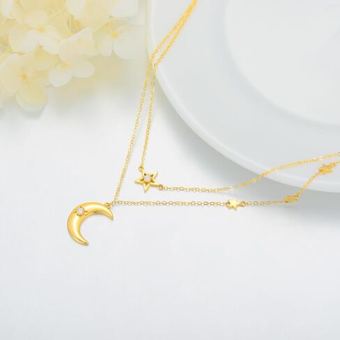 14K Gold Moon Star Necklace for Women, Yellow Gold Layered Stacking Necklace Dainty Moon Jewelry Birthday Gift for Wife Friend Her Mom 16+1+1 in Saudi Arabia