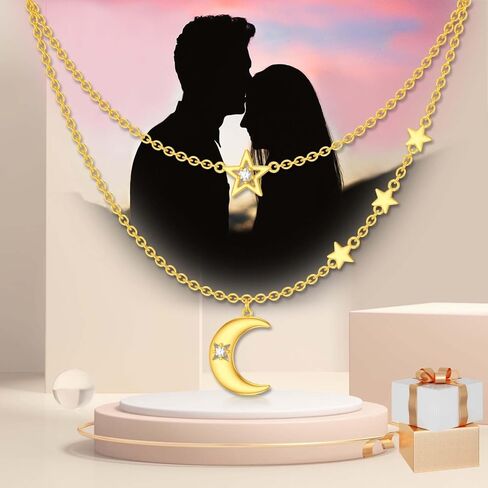 14K Gold Moon Star Necklace for Women, Yellow Gold Layered Stacking Necklace Dainty Moon Jewelry Birthday Gift for Wife Friend Her Mom 16+1+1 in Saudi Arabia