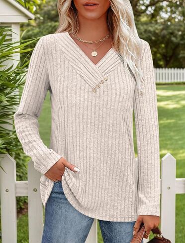 Sweaters for Women V Neck Sweatshirts Tunic Tops with Buttons Fall Fashion Outfits Winter Clothing 2025 in Saudi Arabia