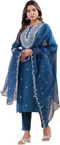 Janasya Indian Women's Silk Blend Teal Embroidered Festive Wear Kurta Set for Women in Saudi Arabia