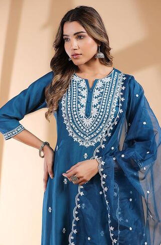 Janasya Indian Women's Silk Blend Teal Embroidered Festive Wear Kurta Set for Women in Saudi Arabia