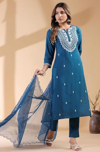 Janasya Indian Women's Silk Blend Teal Embroidered Festive Wear Kurta Set for Women in Saudi Arabia