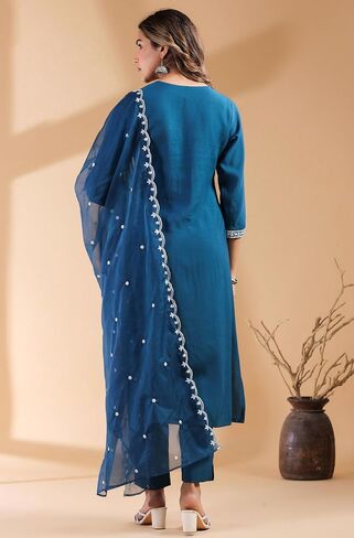 Janasya Indian Women's Silk Blend Teal Embroidered Festive Wear Kurta Set for Women in Saudi Arabia