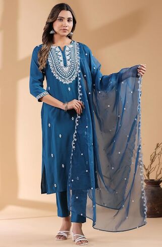 Janasya Indian Women's Silk Blend Teal Embroidered Festive Wear Kurta Set for Women in Saudi Arabia
