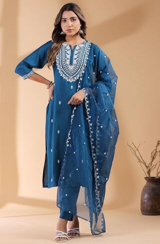 Janasya Indian Women's Silk Blend Teal Embroidered Festive Wear Kurta Set for Women in Saudi Arabia