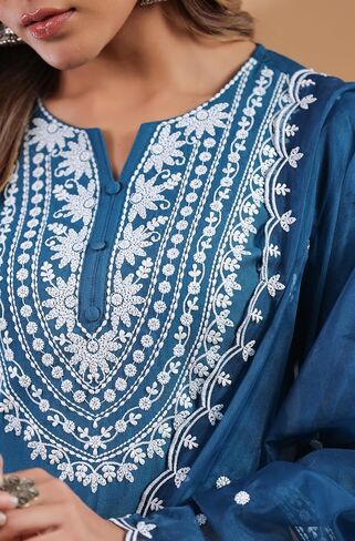 Janasya Indian Women's Silk Blend Teal Embroidered Festive Wear Kurta Set for Women in Saudi Arabia