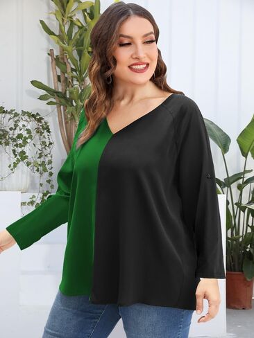 AMCLOS ملابس علوية نسائية حجم كبير تونيك رقبة على شكل V تي شيرت غير رسمي انسيابي كتلة اللون بلوزات متباينة 3/4 كم معقود in Kuwait