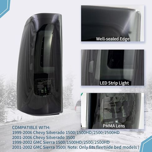 VPIMOZO LED Tail Light Assembly Compatible With 99-06 Silverado 1500 1500HD 2500 2500HD 3500 99-02 GMC Sierra 1500 1500HD 2500 2500HD 3500 Rear Brake Lamps w/Wiring Harness Smoke Black housing in Kuwait