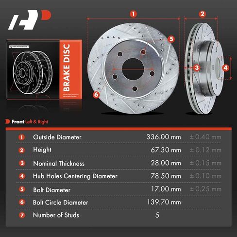 A-Premium 13.23 inch (336mm) Front Drilled and Slotted Disc Brake Rotors Compatible with Select Dodge, Ram and Chrysler Models - Ram 1500 2002-2010, 1500 2011-2018, Durango 2004-2009, Aspen 2007-2009 in Saudi Arabia