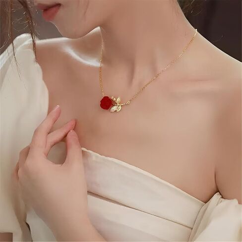 Elegant Rose Flower Pendant Necklace for Women Stainless Steel Gold Plated Crystal Leaf Blossom Charms Choker Chain Adjustable Necklaces Dainty Wedding Birthday Jewelry 18" in Saudi Arabia