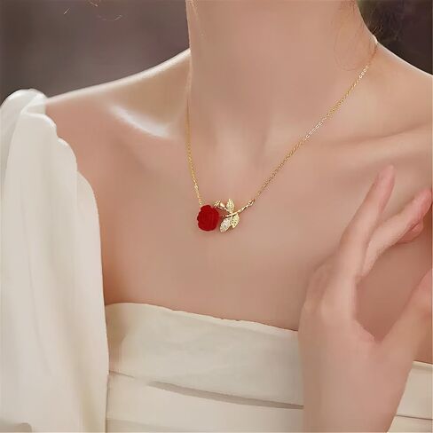 Elegant Rose Flower Pendant Necklace for Women Stainless Steel Gold Plated Crystal Leaf Blossom Charms Choker Chain Adjustable Necklaces Dainty Wedding Birthday Jewelry 18" in Saudi Arabia