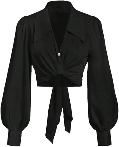 SweatyRocks Women's Button up Collar Cropped Shirt Long Sleeve Self Wrap Crop Top Blouse in Saudi Arabia
