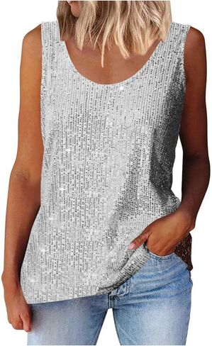 Womens Metallic Sequin Scoop Neck Tank Top Glitter Shiny Shimmer Sparkling Camisole Plus Size for Party Christmas in Saudi Arabia