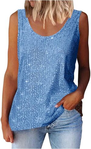 Womens Metallic Sequin Scoop Neck Tank Top Glitter Shiny Shimmer Sparkling Camisole Plus Size for Party Christmas in Saudi Arabia