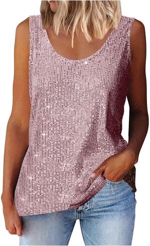 Womens Metallic Sequin Scoop Neck Tank Top Glitter Shiny Shimmer Sparkling Camisole Plus Size for Party Christmas in Saudi Arabia