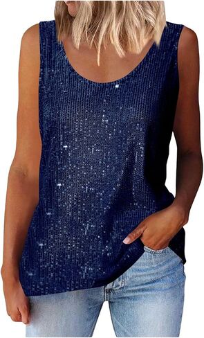 Womens Metallic Sequin Scoop Neck Tank Top Glitter Shiny Shimmer Sparkling Camisole Plus Size for Party Christmas in Saudi Arabia