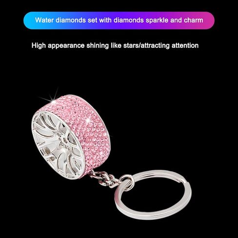 Bling Car Tire Wheel Keychain, Mini Reinestone Crystal Wheel Rim Keyring Keyfob for Women Men, Universal Fit（Pink） in Saudi Arabia