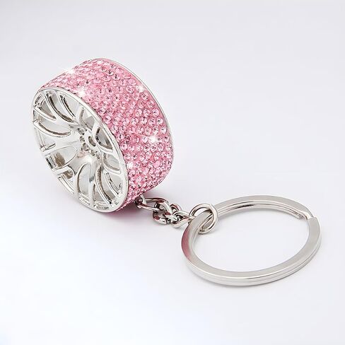 Bling Car Tire Wheel Keychain, Mini Reinestone Crystal Wheel Rim Keyring Keyfob for Women Men, Universal Fit（Pink） in Saudi Arabia