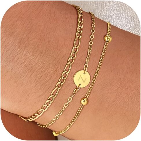 18K Gold Plated Initial Bracelet for Women - Stainless Steel Layered Letter Charm Bracelet A to Z - Gold Jewelry Christmas Birthday Gifts in Kuwait