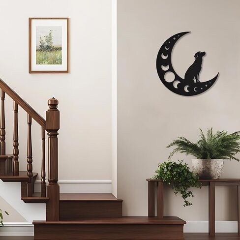 TYLCC Dog Metal Wall Art, Moon Phase Wall Decor, Indoor Outdoor Hanging Decoration for Living Room Bedroom Bathroom Kitchen Office Garden, Ideal Gift for Dog Lovers, Black in Kuwait