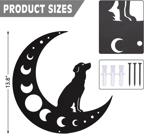 TYLCC Dog Metal Wall Art, Moon Phase Wall Decor, Indoor Outdoor Hanging Decoration for Living Room Bedroom Bathroom Kitchen Office Garden, Ideal Gift for Dog Lovers, Black in Kuwait
