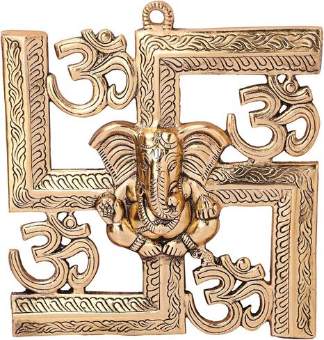 Ganesha/Ganpati On Om Swastik Symbol Made of Metal Decorative Religious Wall Hanging for Home & Office Decor, Feng Shui, Vastu, Sculpture Art Figurine - 5 Inches in Saudi Arabia