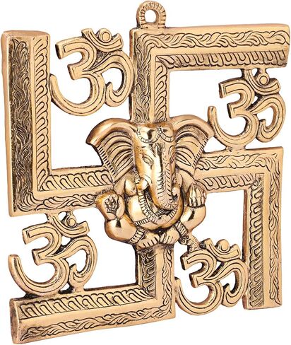 Ganesha/Ganpati On Om Swastik Symbol Made of Metal Decorative Religious Wall Hanging for Home & Office Decor, Feng Shui, Vastu, Sculpture Art Figurine - 5 Inches in Saudi Arabia