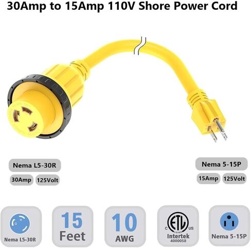 1FT 30-Amp to 15-Amp Marine & RV-Adapter Cord Nema 5-15P to L5-30R,10AWG 15Amp Male to 30Amp-Female Twist Lock Power Adapter,Marine Shore Power 30A 125V Receptacle to 110V 15A Household Plug Adapter in Saudi Arabia