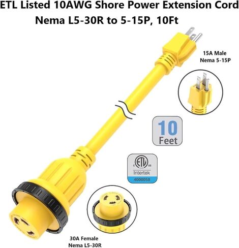 1FT 30-Amp to 15-Amp Marine & RV-Adapter Cord Nema 5-15P to L5-30R,10AWG 15Amp Male to 30Amp-Female Twist Lock Power Adapter,Marine Shore Power 30A 125V Receptacle to 110V 15A Household Plug Adapter in Saudi Arabia