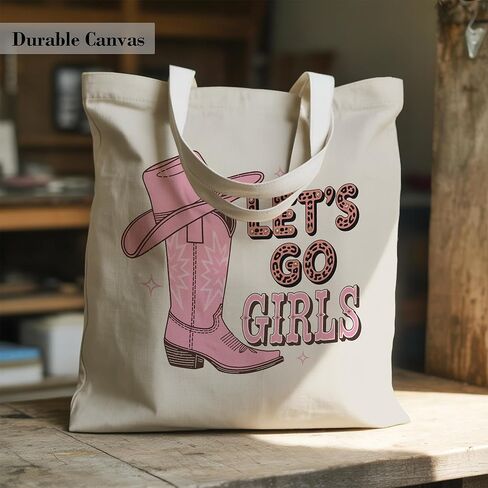 Lets Go Cowgirl Gifts Tote Bag, Pink Cowgirl Boots Canvas Bags, Shopping Bag in Saudi Arabia
