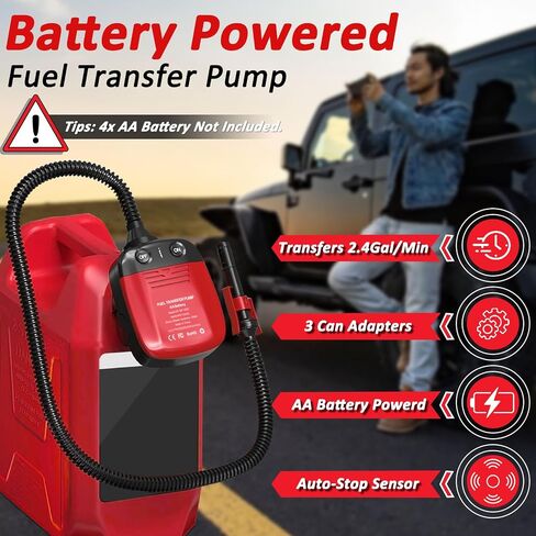 Gas Pump for Gas Can with Auto Shut Off Nozzle, 42-inch Hose AA Battery Powered Gas Can Pump, Electric Fuel Transfer Pump with 3 Adapters, Gas Pump Ideal for Gasoline, Diesel, Kerosene Transfer in Kuwait