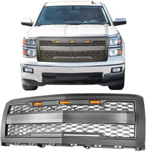 IKON MOTORSPORTS, Grille Compatible With 2014-2015 Chevrolet Silverado 1500, Matte Black Front Bumper Hood Mesh Grill with Amber Signal Light in Saudi Arabia