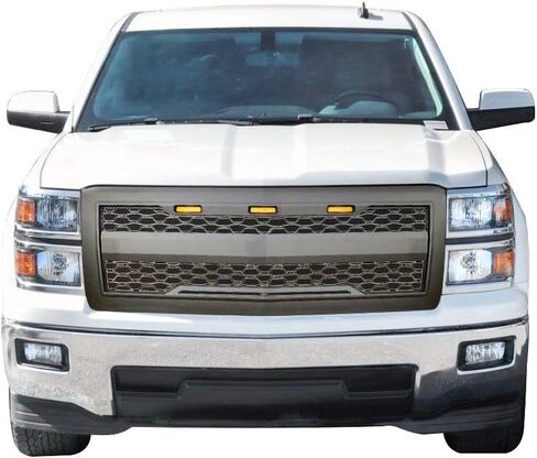 IKON MOTORSPORTS, Grille Compatible With 2014-2015 Chevrolet Silverado 1500, Matte Black Front Bumper Hood Mesh Grill with Amber Signal Light in Saudi Arabia