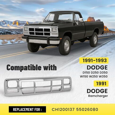 إطار الشبكة الأمامية متوافق مع 1991-1993 دودج D150 D250 D350 W150 W250 W350 1991 دودج رامتشارج استبدال لCH1200137 55026080 إطار شواء ممتص الصدمات من البلاستيك (ABS+PE) كروم فضي in Saudi Arabia