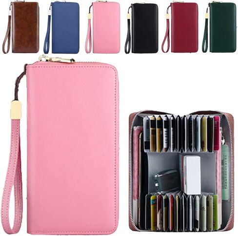 Unisex Anti-credit Card Fraud Multi-compartment Wallet, 24 Slots RFID Blocking Card Holder Large Long Leather Zipper Organizer Accordion Wallet, Huge Storage Capacity (Pink) in Saudi Arabia