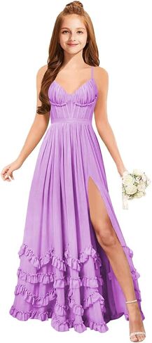 Junior Bridesmaid Dresses Spaghetti Straps Chiffon Ruffle Flower Girl Dresses for Wedding Guest Slit Girls Formal Dress in Saudi Arabia