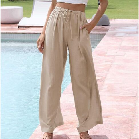 Womens Cotton Linen Palazzo Pants Drawstring Elastic Waist Casual Wide Leg Trousers with Pockets in Saudi Arabia