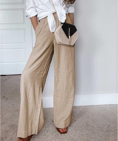 Womens Cotton Linen Palazzo Pants Drawstring Elastic Waist Casual Wide Leg Trousers with Pockets in Saudi Arabia