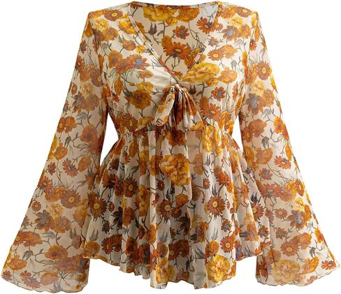 بلوزة نسائية SweatyRocks بمقاس كبير وربطة عنق أمامية شبكية مطبوعة بالورود وأكمام جرس من Peplum in Saudi Arabia