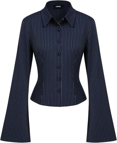 CIDER Long Sleeve Shirts for Women Striped Blouse Cinched Waist Bell Sleeve Collar Shirt Office Work in Saudi Arabia